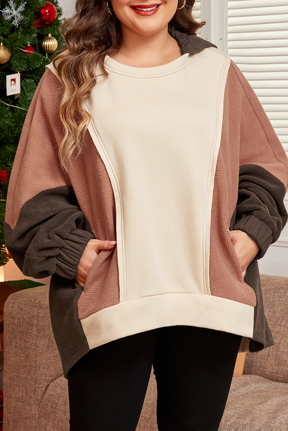 Brown Exposed Seam Colorblock Plus Size Hoodie