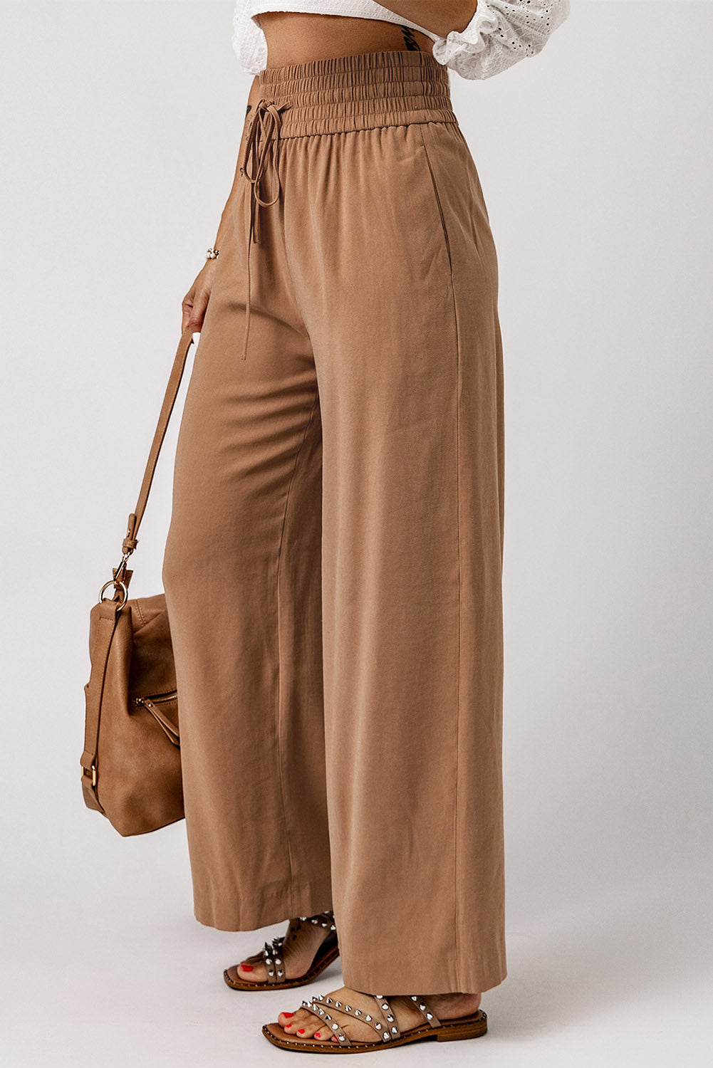 Brown Drawstring Elastic Waist Casual Wide Leg Pants