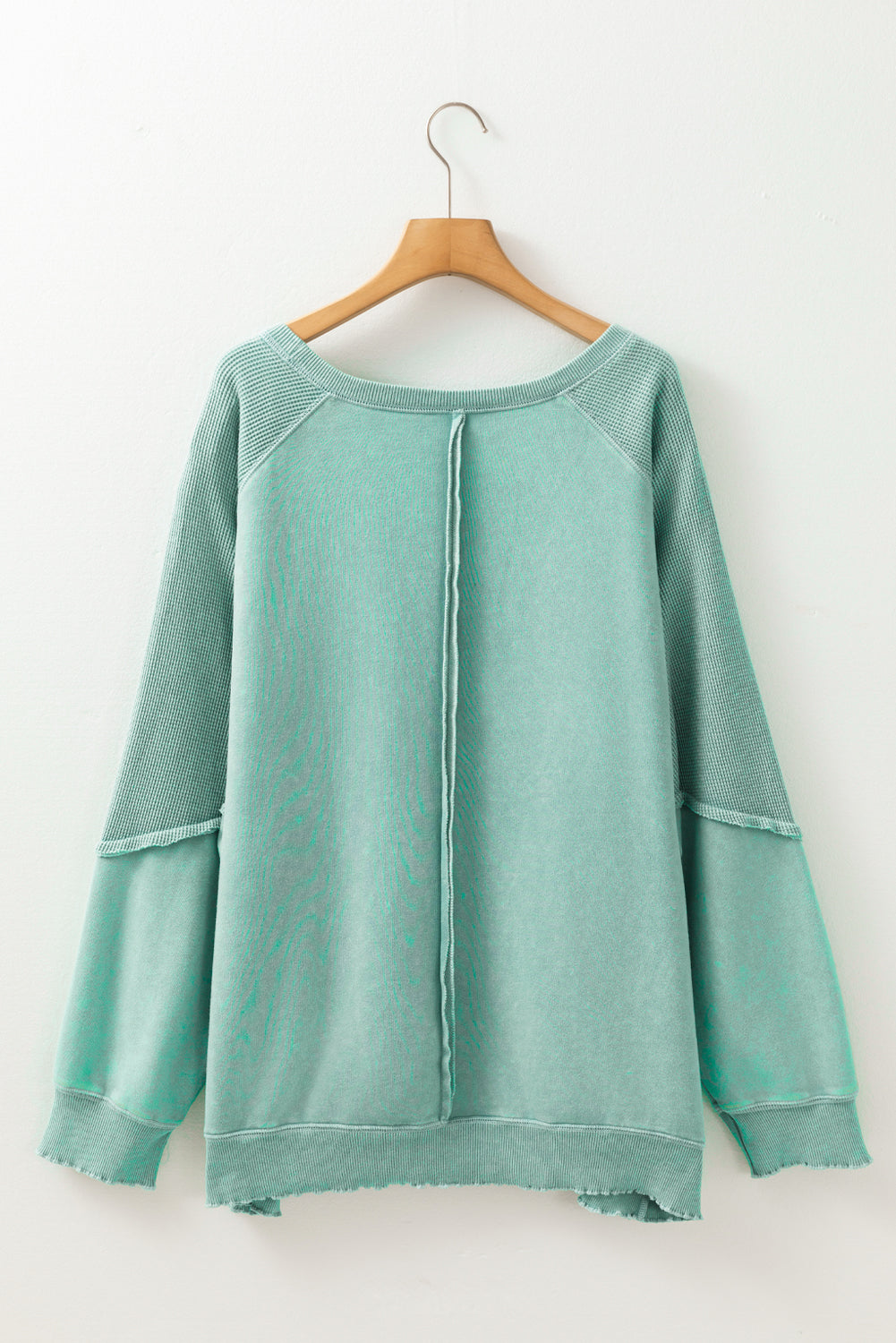 Mineral Blue Textured Patchwork Frilled Trim Plus Size Pullover Sweatshirt