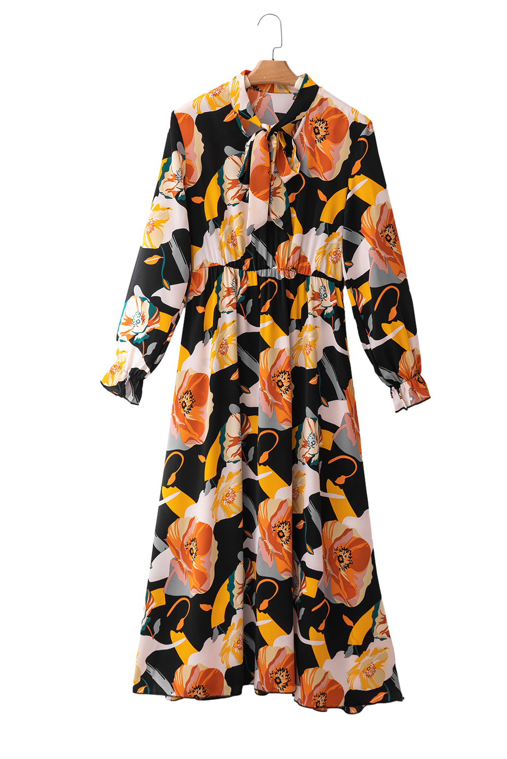 Orange Floral Print Tie Neck Long Sleeve Dress