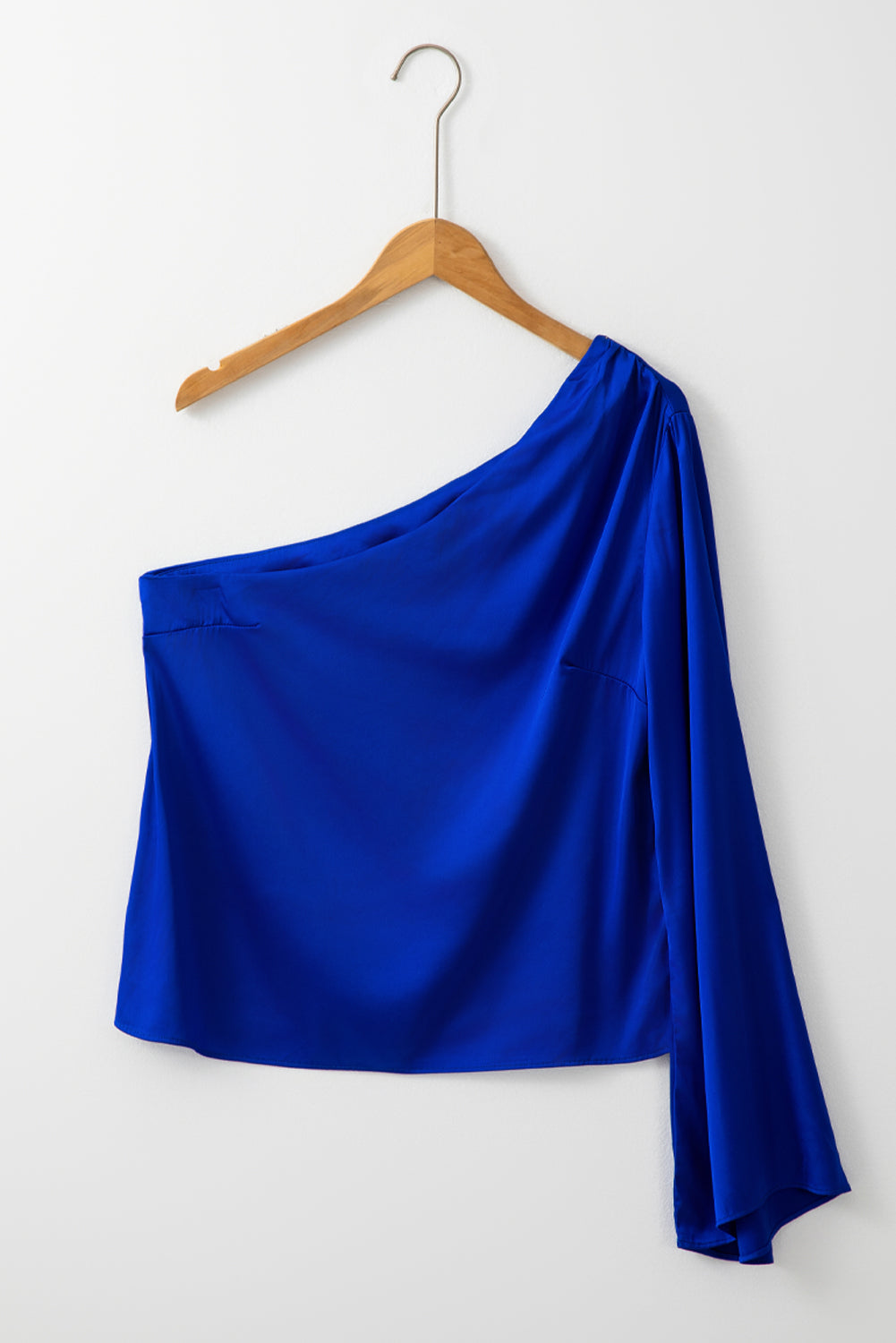 Dark Blue Asymmetric One Shoulder Bell Sleeve Satin Blouse